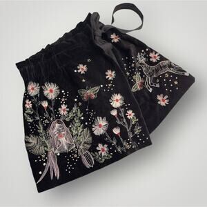 Zara Woman Velvet Embroidered Wrap Skort XS Black Wildflower Butterfly Deer